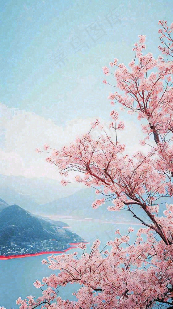 春天山河边蓝天粉色樱花花朵，惊蛰立春