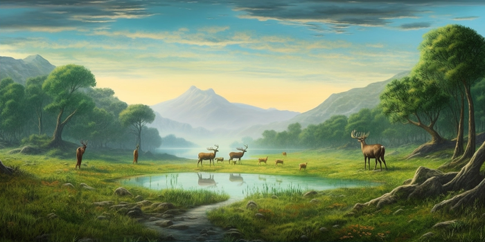 麋鹿在群山附近的草上漫步插画背景(4608x2304)