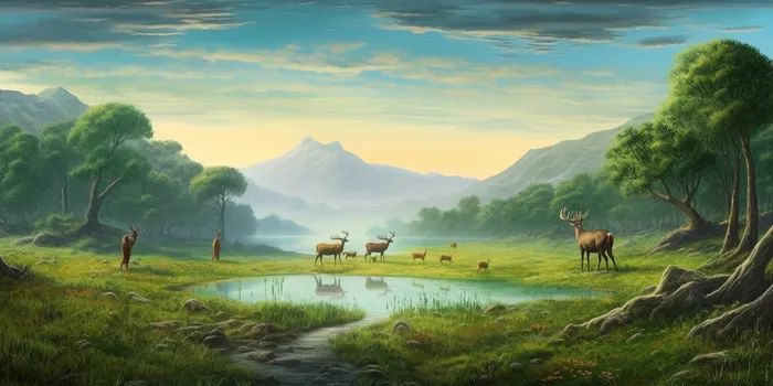 麋鹿在群山附近的草上漫步插画背景(4608x2304)