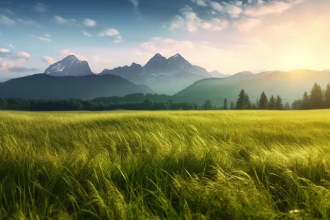 日出日落时的山景绿草如茵的摄影图