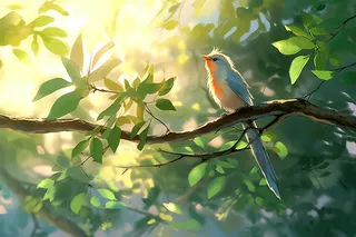 被阳光照射的绿叶树枝上站着一只小鸟卡通插画