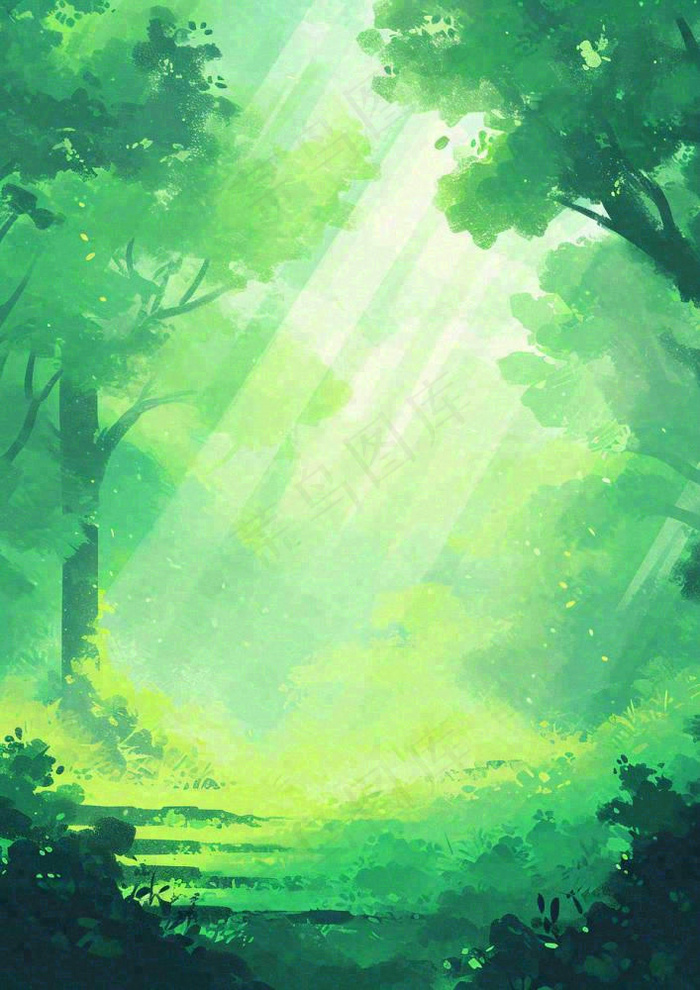春意盎然的树林里阳光洒下绿草茵茵的水彩画(928x1312)