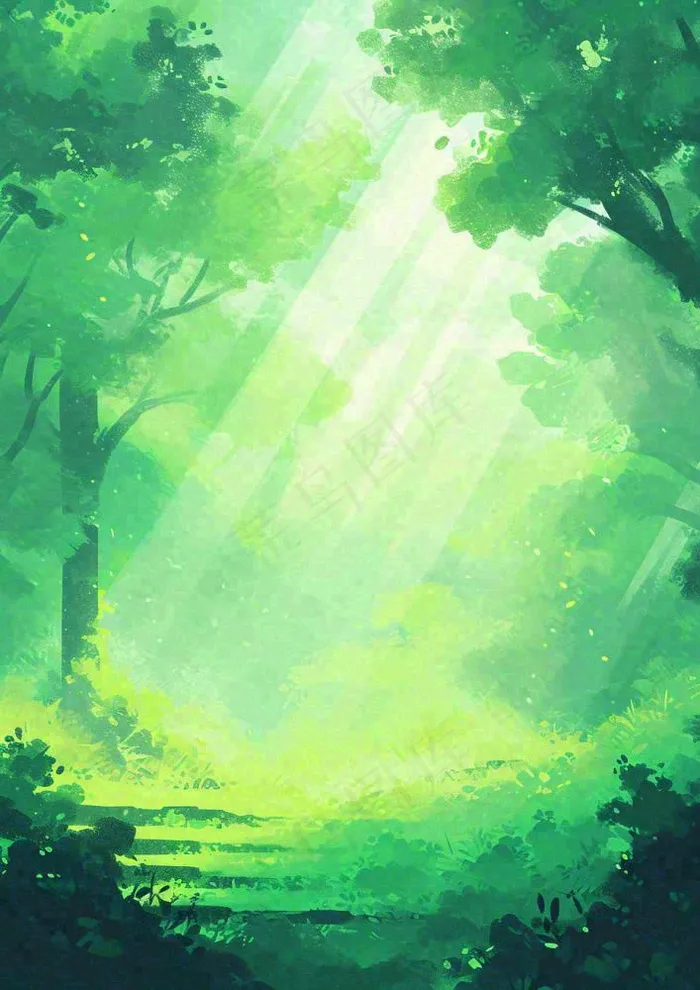 春意盎然的树林里阳光洒下绿草茵茵的水彩画(928x1312)