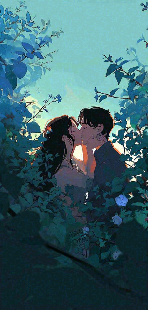 森林花丛里情侣拥抱亲吻爱情手绘插画，情人节(752x1568)