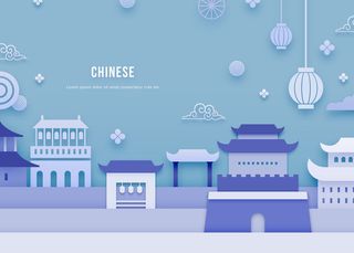 紫色日本剪纸建筑PSD素材