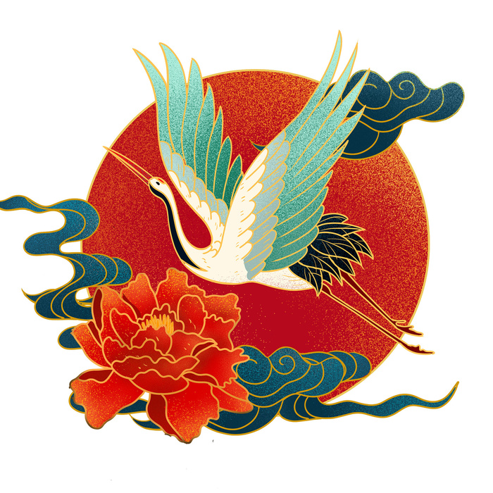 中国风国潮仙鹤山水插画手绘元素场景PSD设计素材