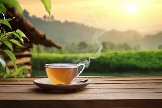 村庄清晨窗台泡着一杯茶摄影图