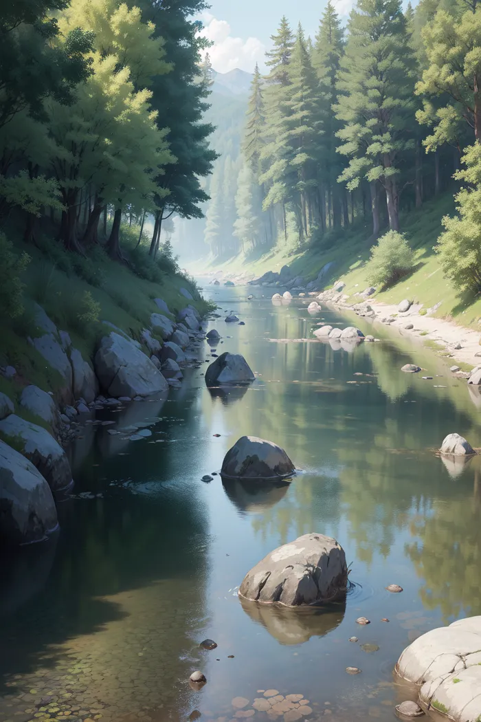 夏天小溪石头漫画山水风景插画