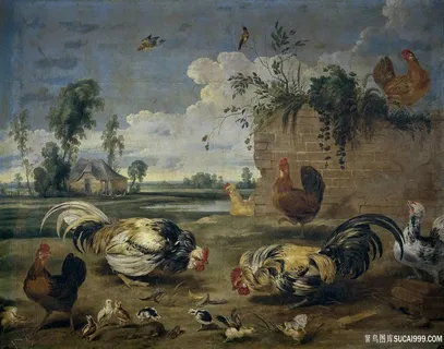 家禽公鸡农房油画风景画油画图片