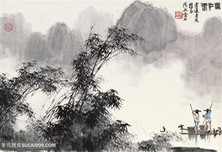 白雪石竹林山脉水墨风景画