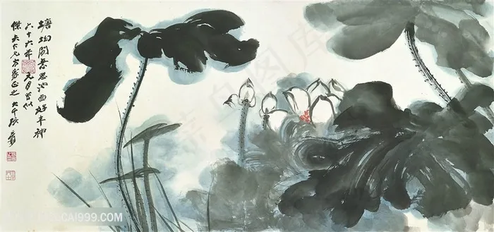 张大千水墨莲花中式插画