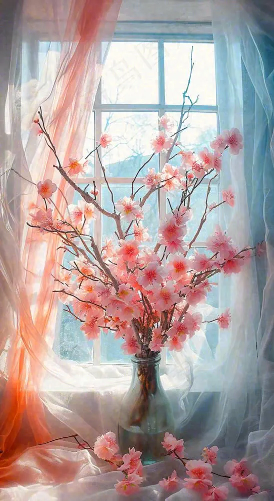 春天窗台花瓶粉色鲜花花束，春分(816x1488)