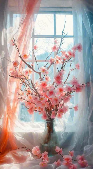 春天窗台花瓶粉色鲜花花束，春分