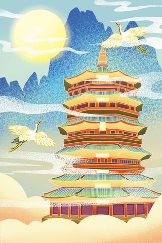 中国风国潮烫金仙鹤山水古建筑风景装饰插画背景PSD分层设计素材