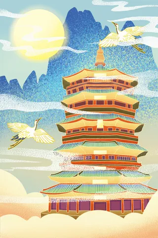 中国风国潮烫金仙鹤山水古建筑风景装饰插画背景PSD分层设计素材