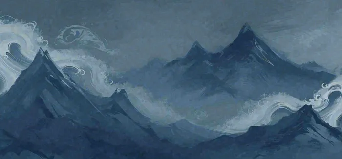 中国风意境山脉雪山海浪蓝色云层，末日暗黑恐怖(1488x692)