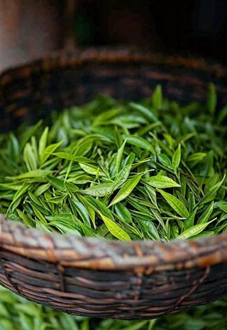 中国风，茶盆里的龙井绿茶茶叶摄影