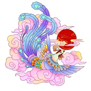 手绘山海经上古神兽夫诸凤凰麒麟青龙白虎朱雀玄武插画PSD素材