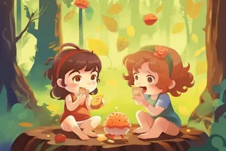 小孩森林夏日吃零食背景