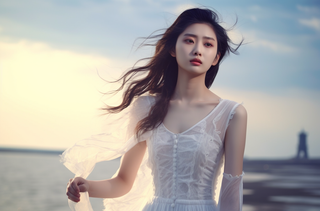 一个美女穿着一件漂亮的白色连衣裙在海边的拍照摄影图