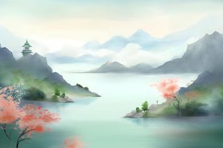 国风清新山河绿植背景