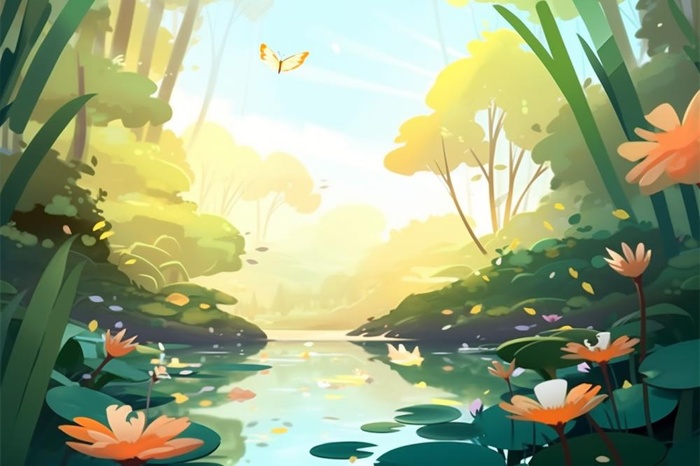 黄绿色荷花池温馨插画背景(1344x896)