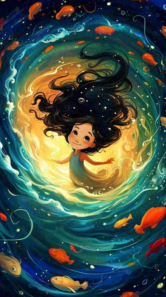 炫酷浪漫海洋海底水底可爱女孩手绘插画，鱼类水母生物(816x1456)