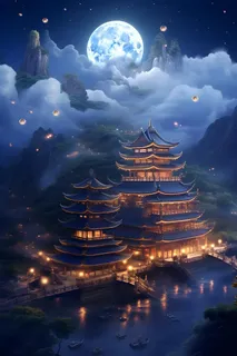 国风蓝色夜晚建筑典雅背景