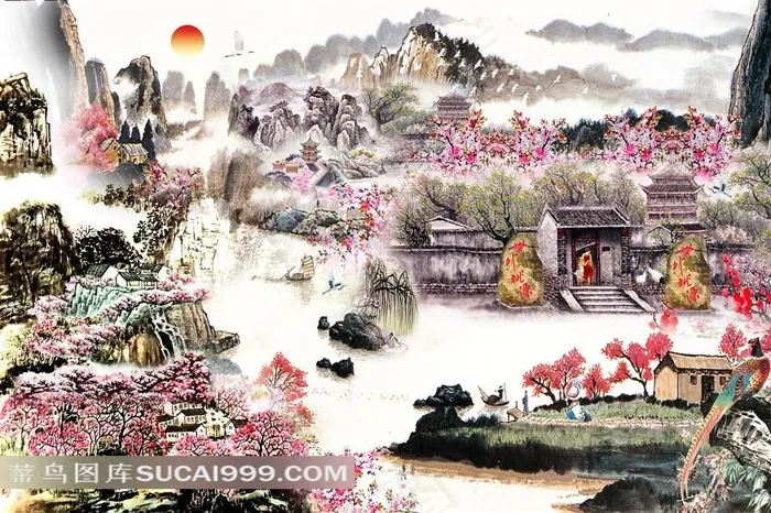 柳树桃花溪水太阳组成世外桃园国画