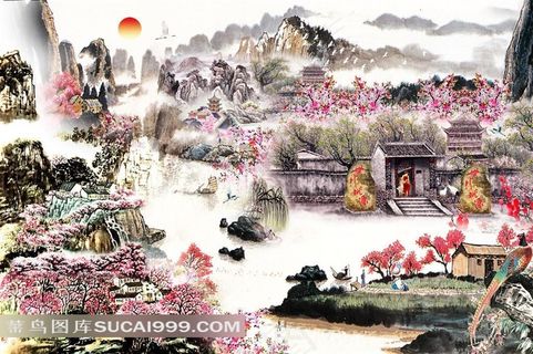柳树桃花溪水太阳组成世外桃园国画