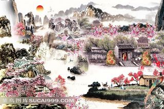 柳树桃花溪水太阳组成世外桃园国画