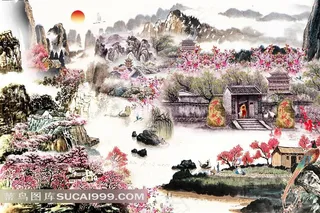 柳树桃花溪水太阳组成世外桃园国画