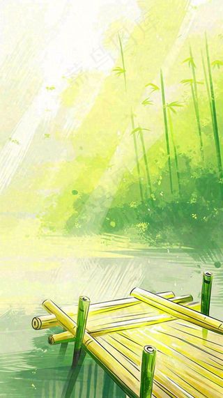 夏日森林丛林阳光绿色河面草丛树木手绘插画，夏至小暑大暑