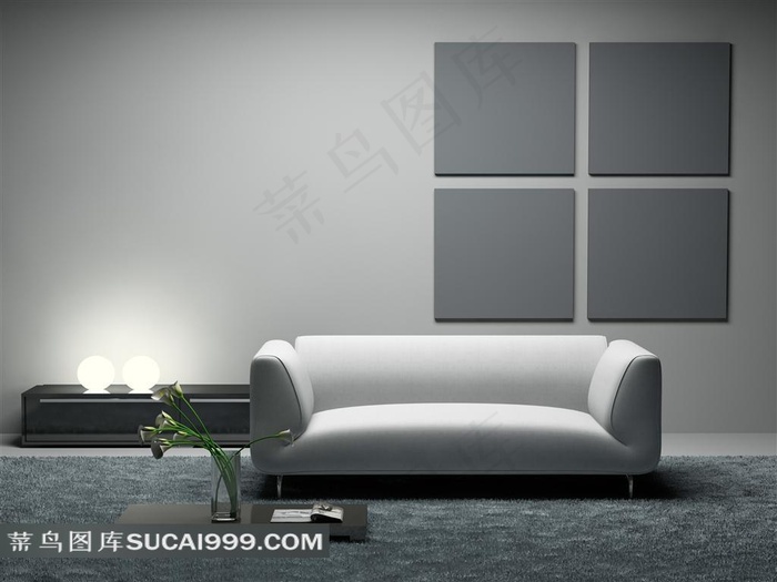 白色沙发与无框画花瓶家居摄影高清图片