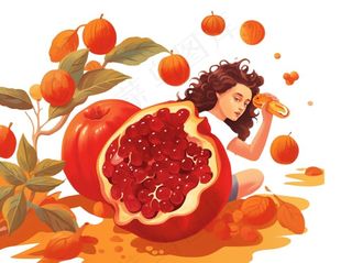 石榴水果少女卡通插画免抠