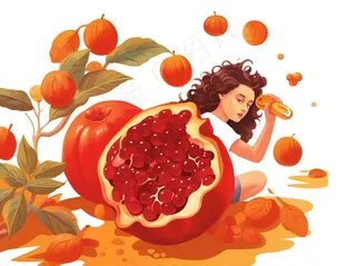 石榴水果少女卡通插画免抠