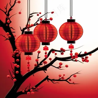 红灯笼梅花树枝喜庆插画素材背景