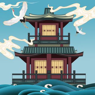 国潮古建筑山水中国风插画