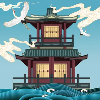 国潮古建筑山水中国风插画