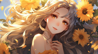 一位少女的周围全是黄花插画动漫图