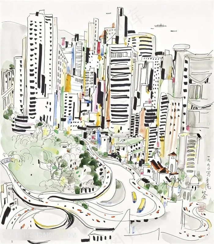 吴冠中手绘水彩建筑风景画