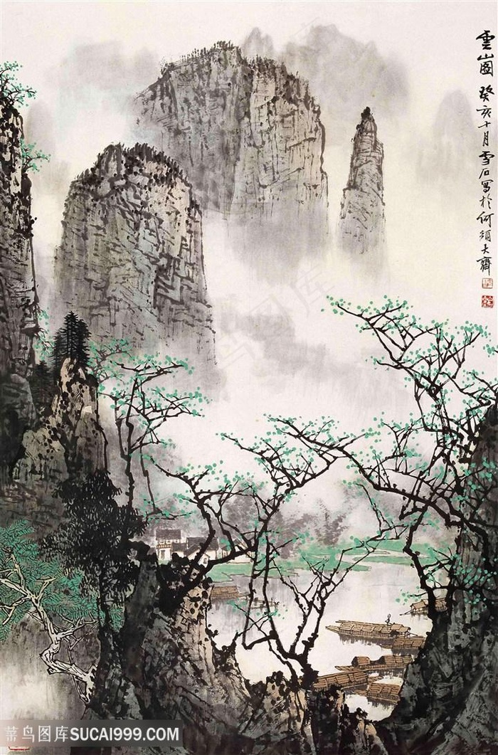 白雪石工笔画水墨山脉艺术挂画