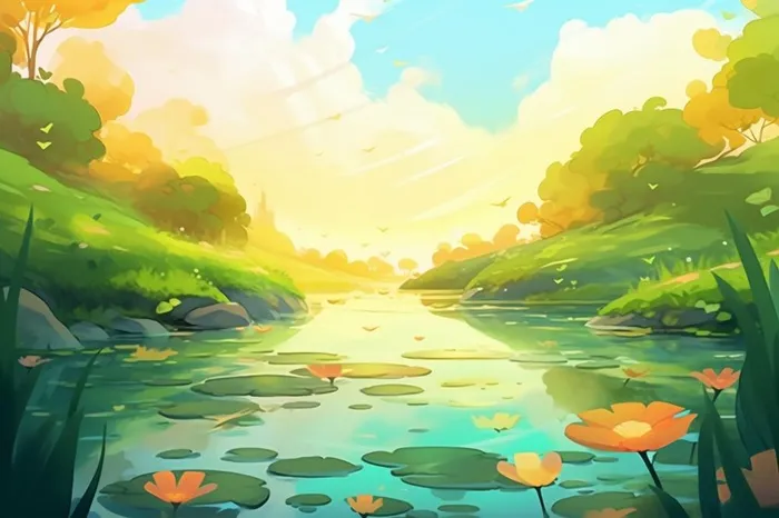 黄绿色荷花池温馨插画背景(1344x896)