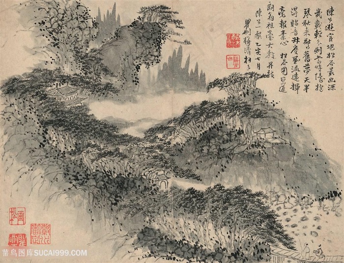 陈洪绶花卉山水图峻峰茂林国画图片