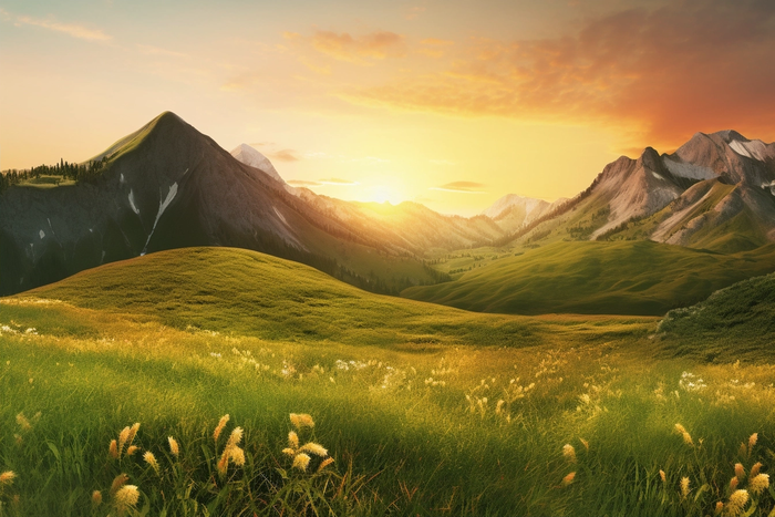 日出日落时的山景绿草如茵的摄影图