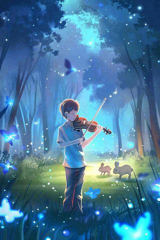 夏天夜晚小提琴演奏萤火虫蝴蝶唯美星空小暑大暑处暑背景