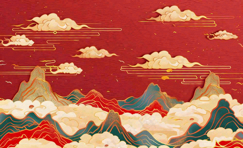 国潮风红色山云祥云青山红色祖国山河磅礴大气古风国庆新年插画背景(1408x864)
