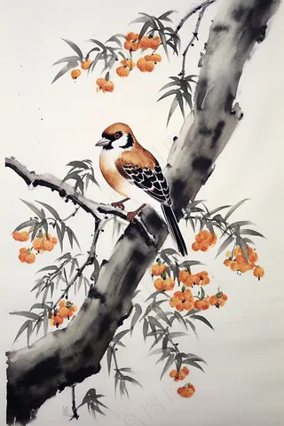 花鸟树枝花草国画水墨画素材背景