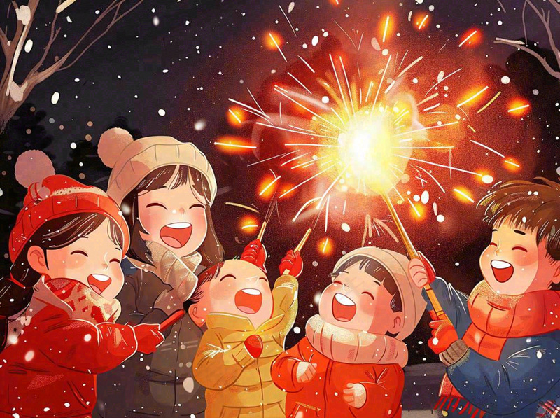 孩童儿童一起放烟花场景开心热闹庆祝新年春节小年除夕夜卡通插画