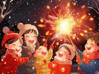 孩童儿童一起放烟花场景开心热闹庆祝新年春节小年除夕夜卡通插画